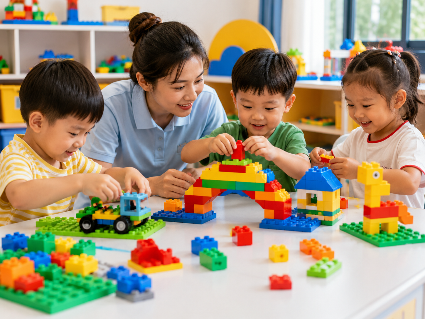 孩子们在老师带领下进行科技搭建课程