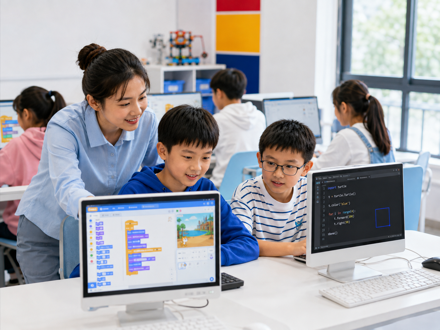 老师指导孩子学习图形化编程和代码编程