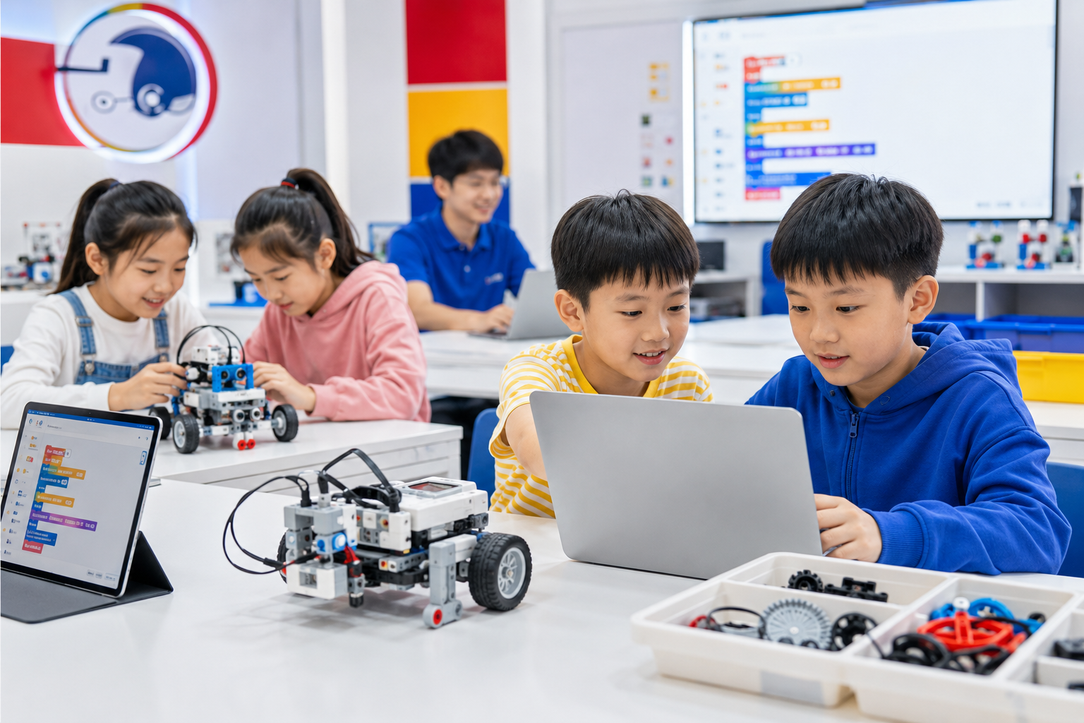 孩子们进行机器人搭建和编程实践